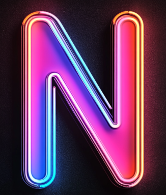 Neonowa litera „N” w odcieniach różu, błękitu i pomarańczu, podświetlona na ciemnym tle.